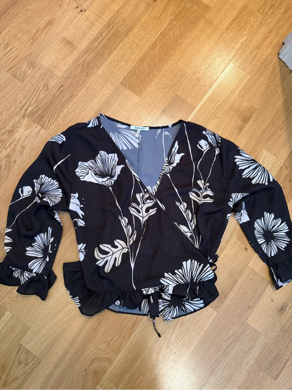 Floral Wrap Blouse - Deep Brown & White